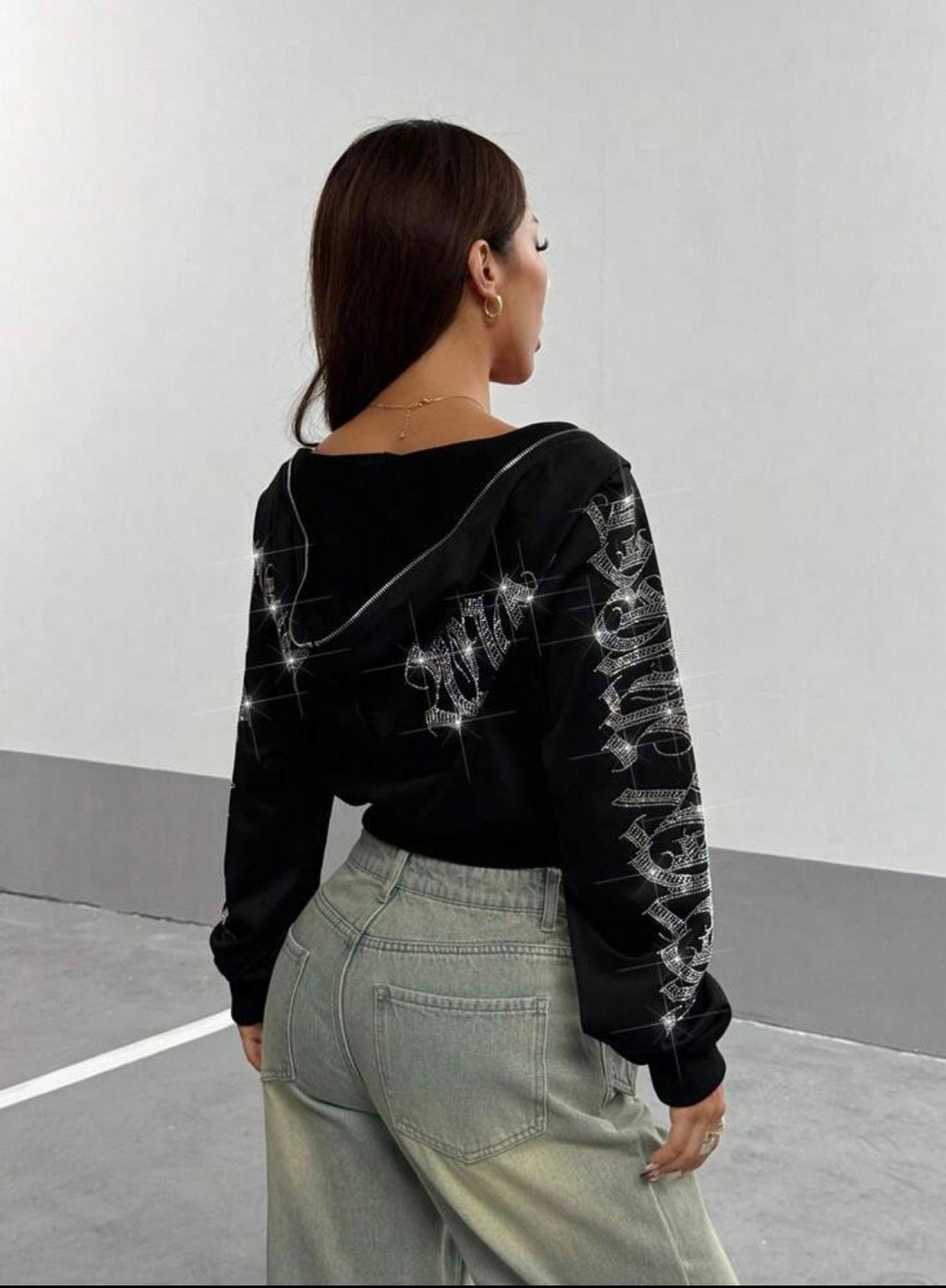 Women Gothic Text Rhinestone Studded Short Zip Up Hoodie Sweatshirt, Autumn/Winter,Long