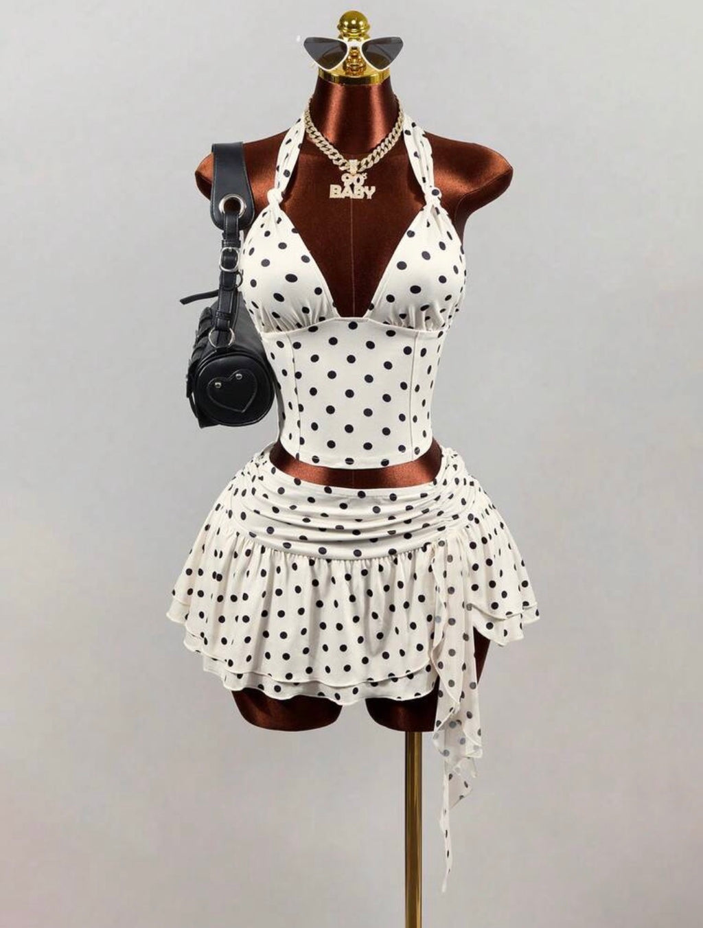 Hot Girl Style White With Black Dot Spaghetti Strap Tank Top, Sexy Deep V-Neck Backless Cropped Camisole,