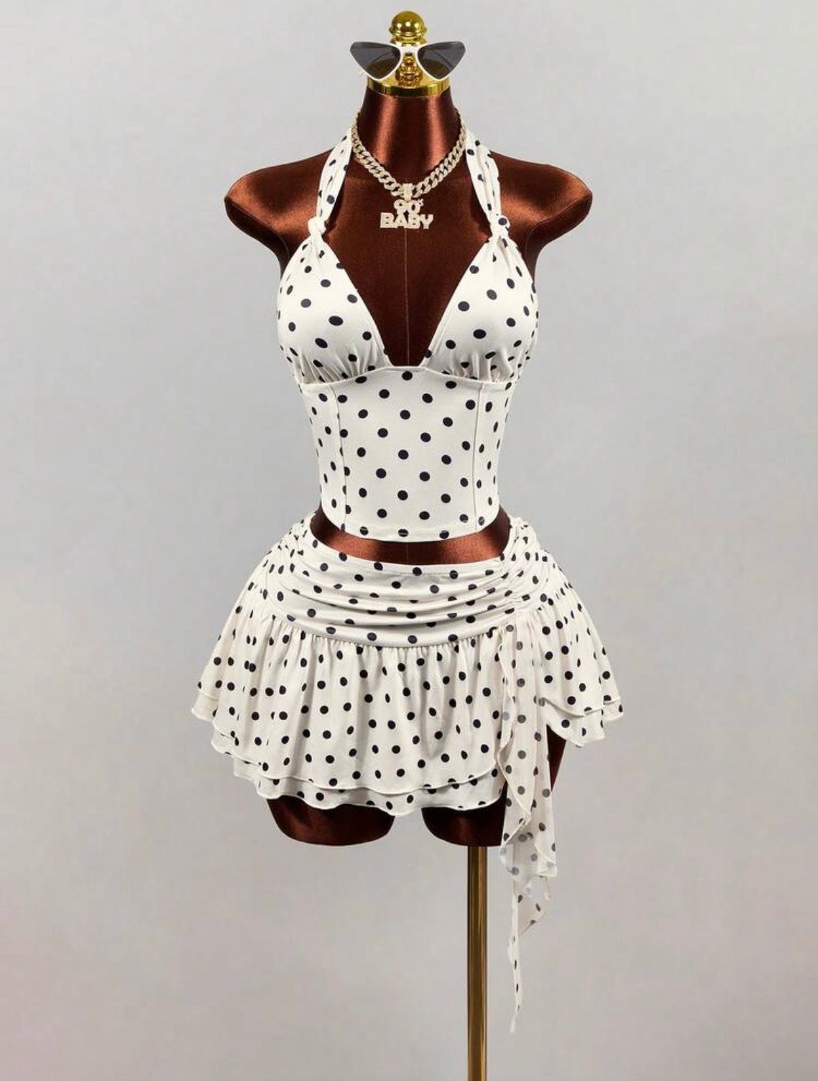 Hot Girl Style White With Black Dot Spaghetti Strap Tank Top, Sexy Deep V-Neck Backless Cropped Camisole,