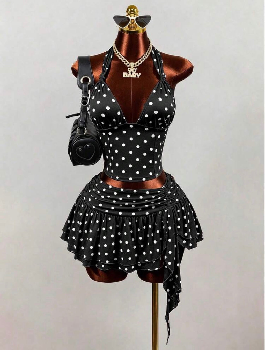 Hot Girl Style White With Black Dot Spaghetti Strap Tank Top, Sexy Deep V-Neck Backless Cropped Camisole,