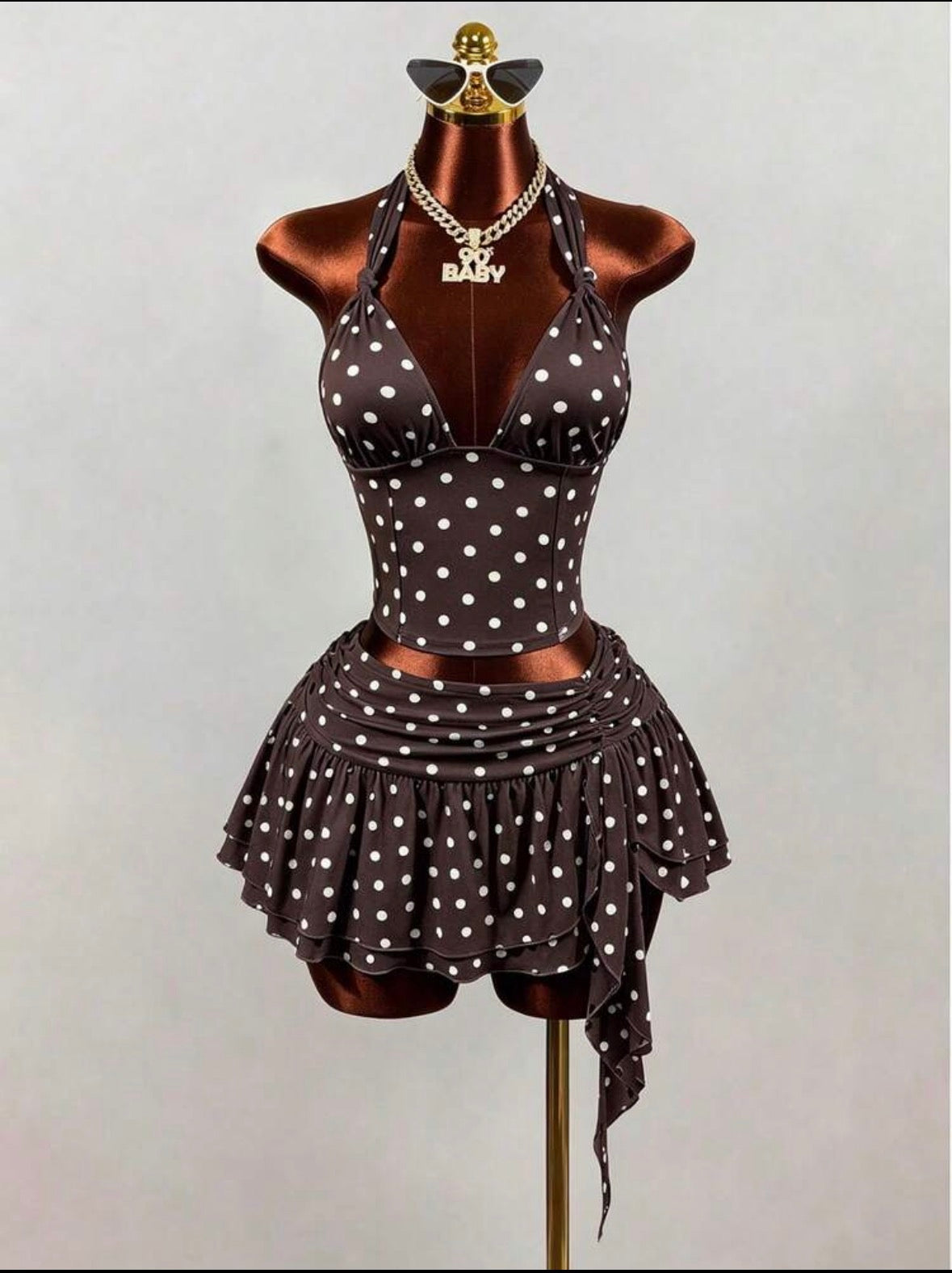 Hot Girl Style White With Black Dot Spaghetti Strap Tank Top, Sexy Deep V-Neck Backless Cropped Camisole,