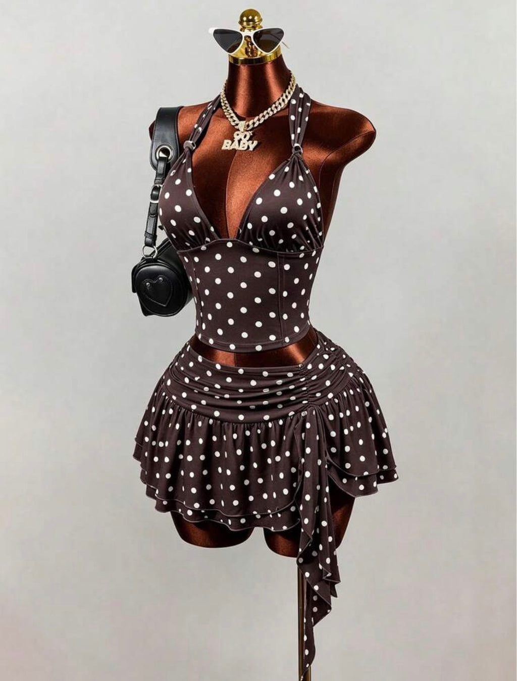 Hot Girl Style White With Black Dot Spaghetti Strap Tank Top, Sexy Deep V-Neck Backless Cropped Camisole,