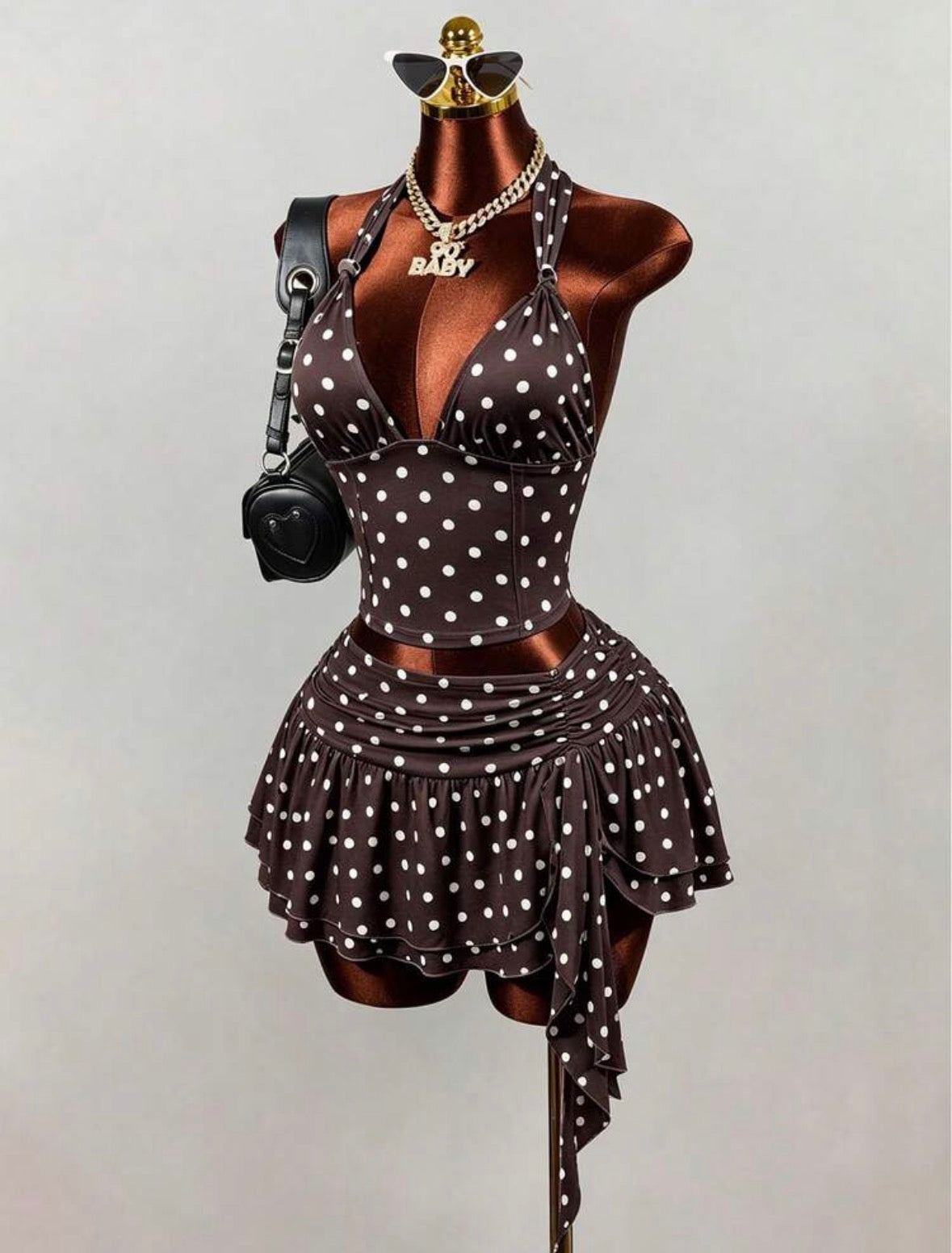 Hot Girl Style White With Black Dot Spaghetti Strap Tank Top, Sexy Deep V-Neck Backless Cropped Camisole,