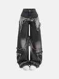 DAWINE Girlism Teen Girls Y2K Fashion Star Patchwork Fringe Low-Waisted Baggy Wide Leg Denim Jeans Pants With Raw Hem And Slanted Pocket