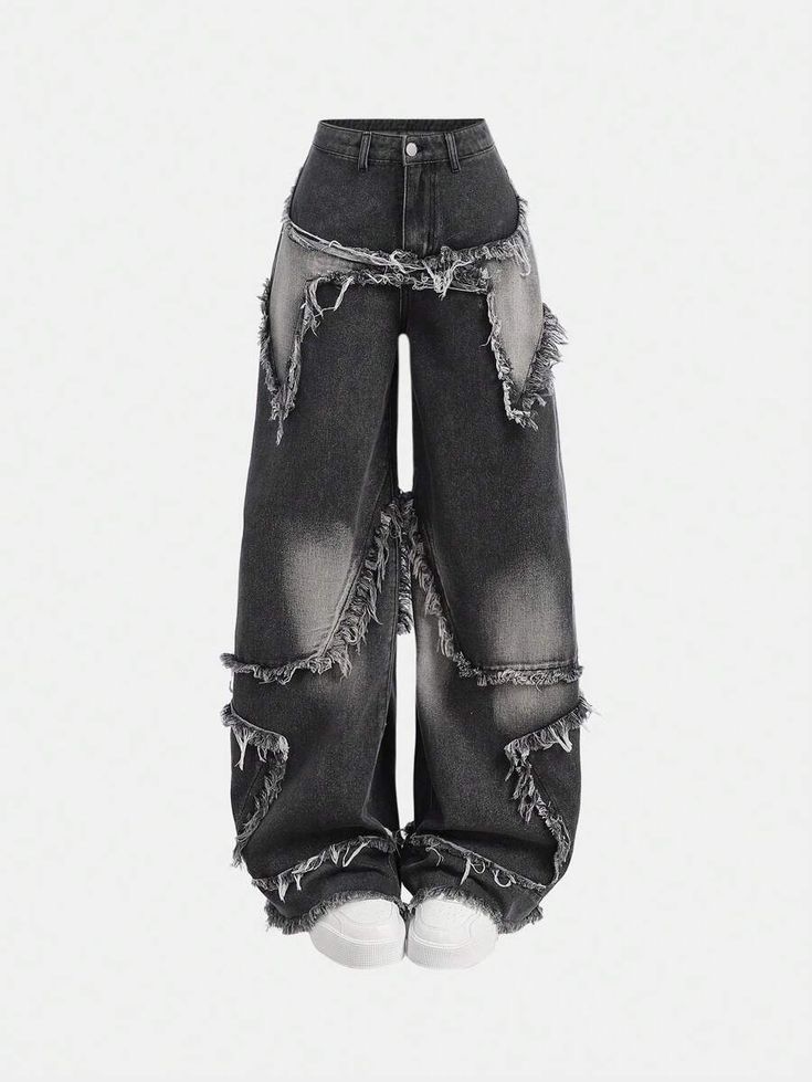 DAWINE Girlism Teen Girls Y2K Fashion Star Patchwork Fringe Low-Waisted Baggy Wide Leg Denim Jeans Pants With Raw Hem And Slanted Pocket